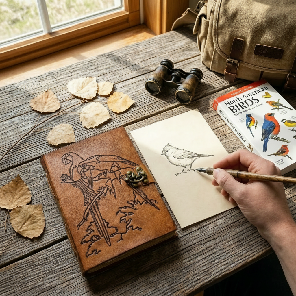 Brown leather journal open flat, showing blank pages and engraved bird cover