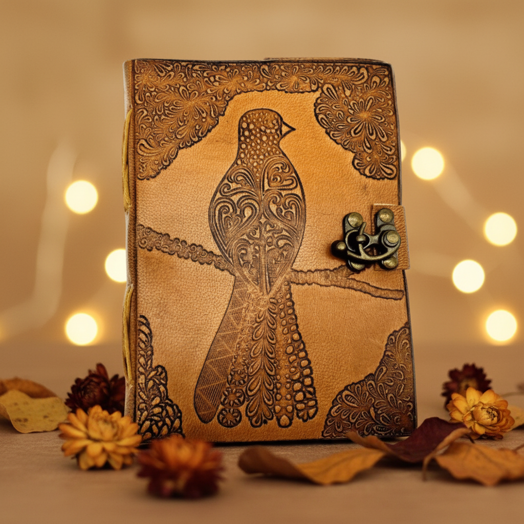 Brown leather journal with ornate bird engraving and metal clasp on front