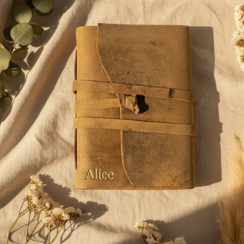 Sunlit handmade leather journal with embossed name Alice and wrap strap closure, styled on cream linen with white dried flowers – premium leather journal Australia, graduation gift for her