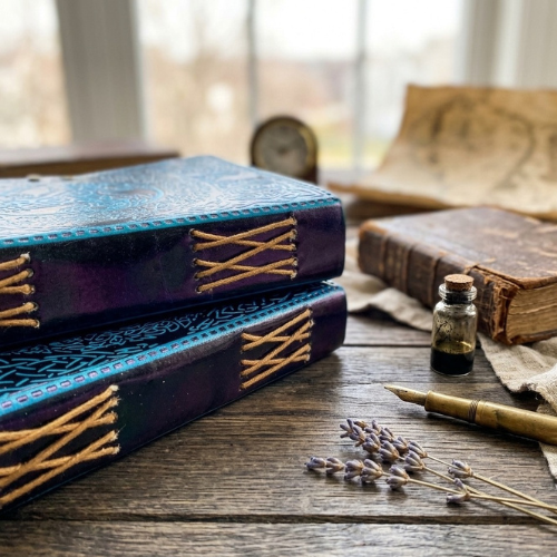 Blue leather diary with purple spine, gold stitched lacing, and tassel detail