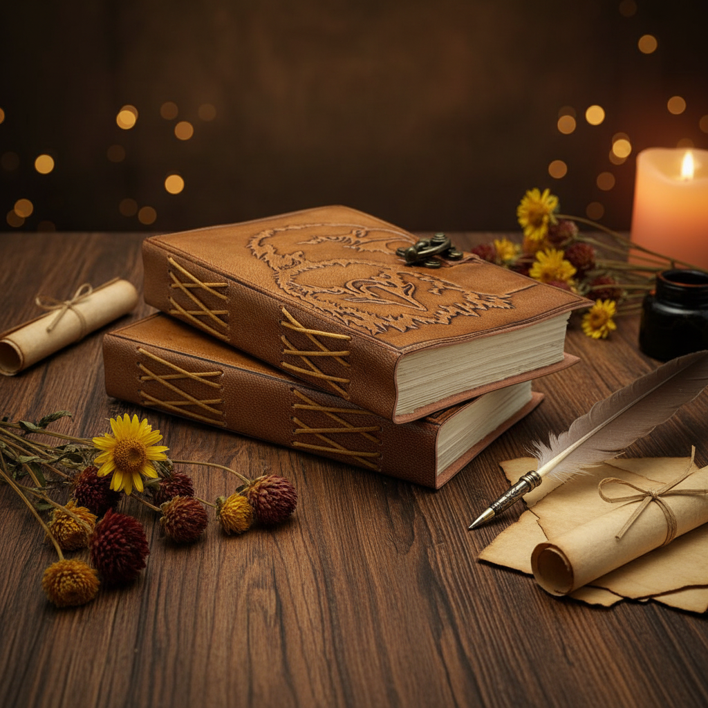 Brown leather-look journal with eagle embroidery on top cover and stitched spine detail