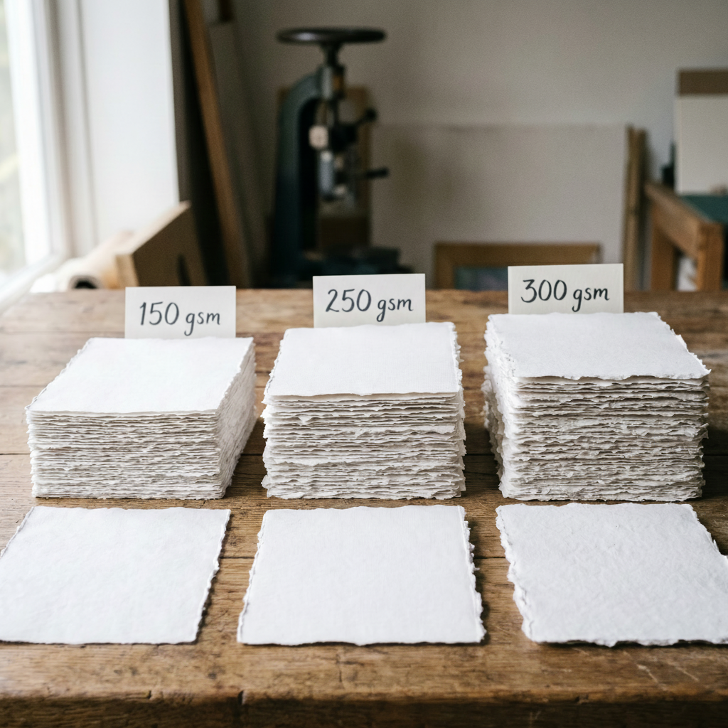 Handmade white cotton deckle edge paper sample pack showing 150 GSM, 250 GSM and 300 GSM paper weights — perfect for calligraphy, watercolour and DIY wedding stationery, Australia
