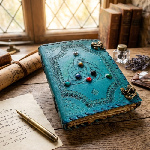 Teal handmade journal with embroidered Celtic cat motif and bronze corner clasps