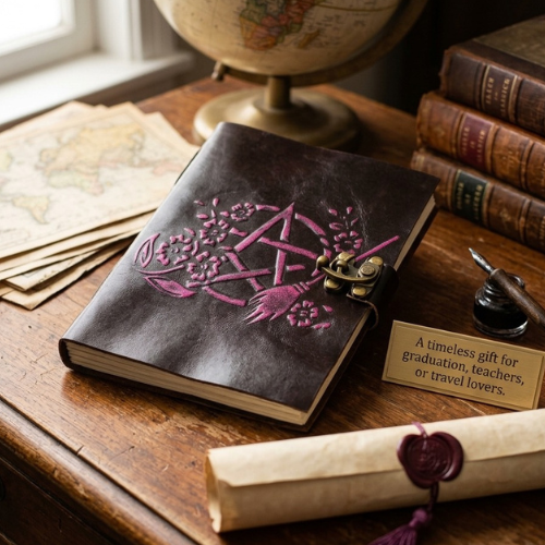 Dark leather journal with purple Celtic knot motif and brass latch on tabletop