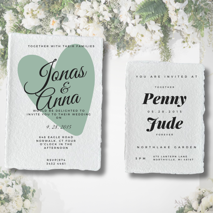 Handmade paper wedding invitations on an asthetic white background in 250 GSM in size 5x7 inches and A5.