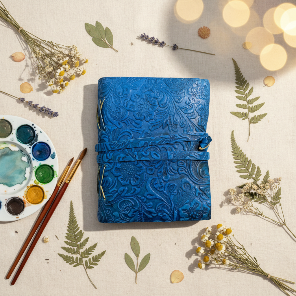 Harper Artist sketchbook: blue embossed cover with fabric wrap strap, closed