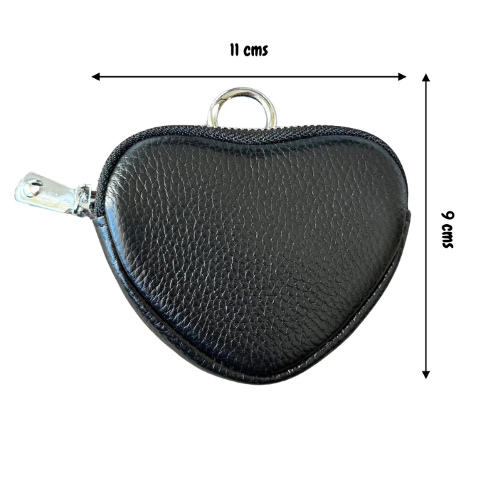 Heart mini keyring pouch in black showing measurements