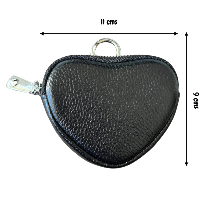 Heart-shaped coin purse with dark textured faux leather, zip closure and metal keyring