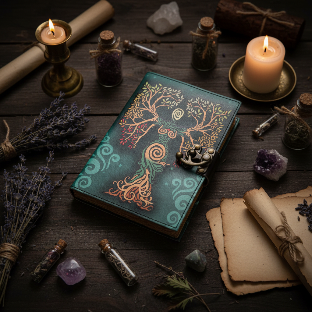 Teal journal with colorful tree artwork on cover and bronze metal clasp, closed