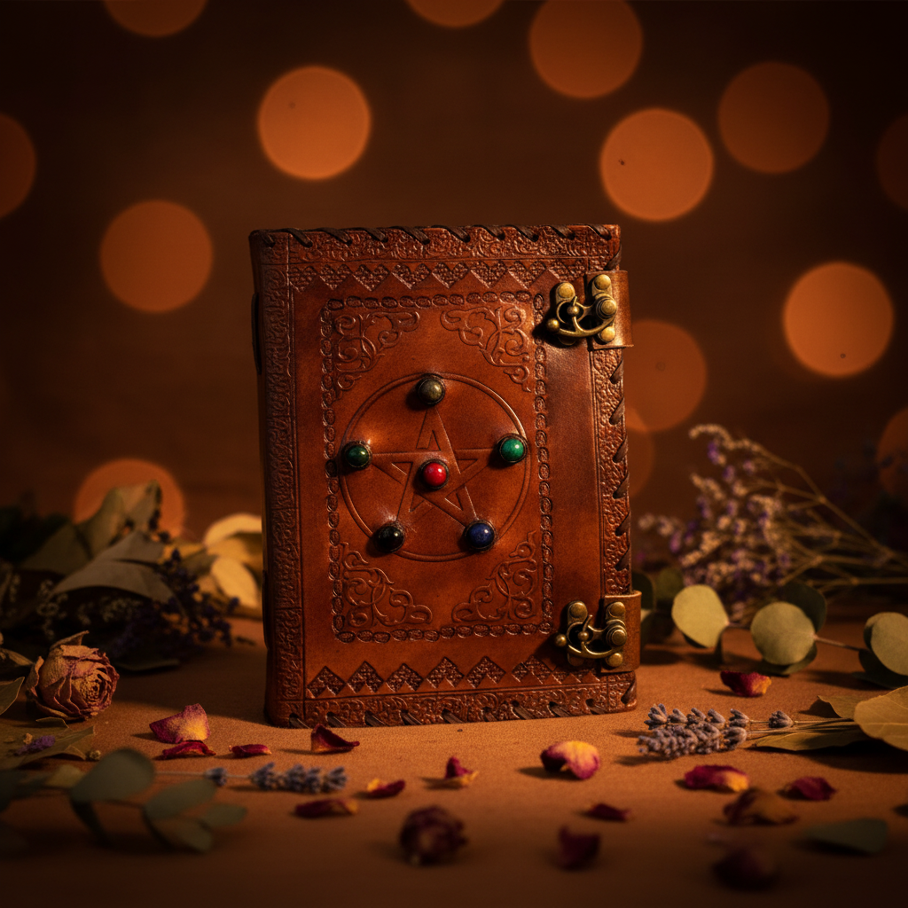 Brown leather sketchbook front cover, embossed pattern and brass-toned corner clasps