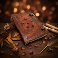 Brown leather sketchbook, embossed cover with metal clasp and colored stone inlays