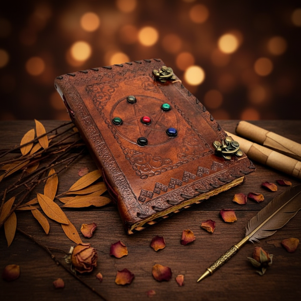 Brown leather sketchbook, embossed cover with metal clasp and colored stone inlays