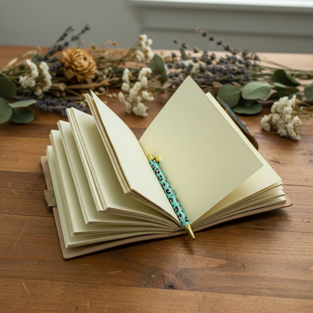Blue leather diary open to blank pages with cream paper and teal inner cover