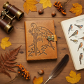 Brown leather journal with engraved bird scene and metal clasp strap