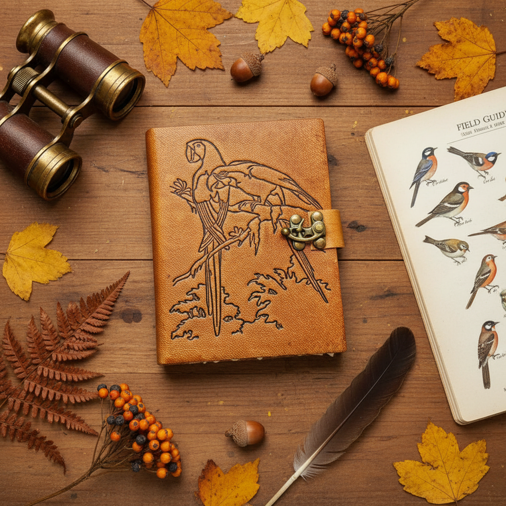 Brown leather journal with engraved bird scene and metal clasp strap
