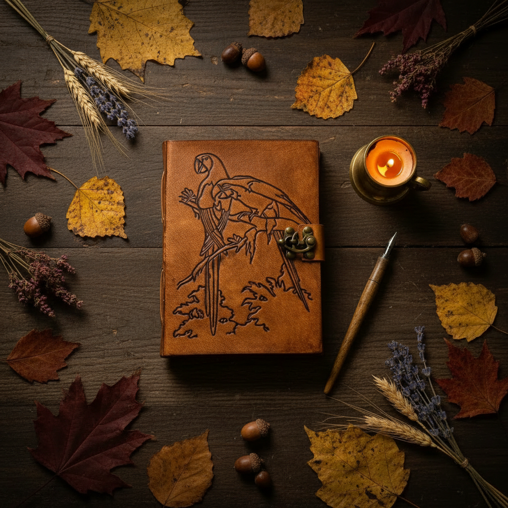 Brown leather journal with engraved bird illustration and decorative metal clasp