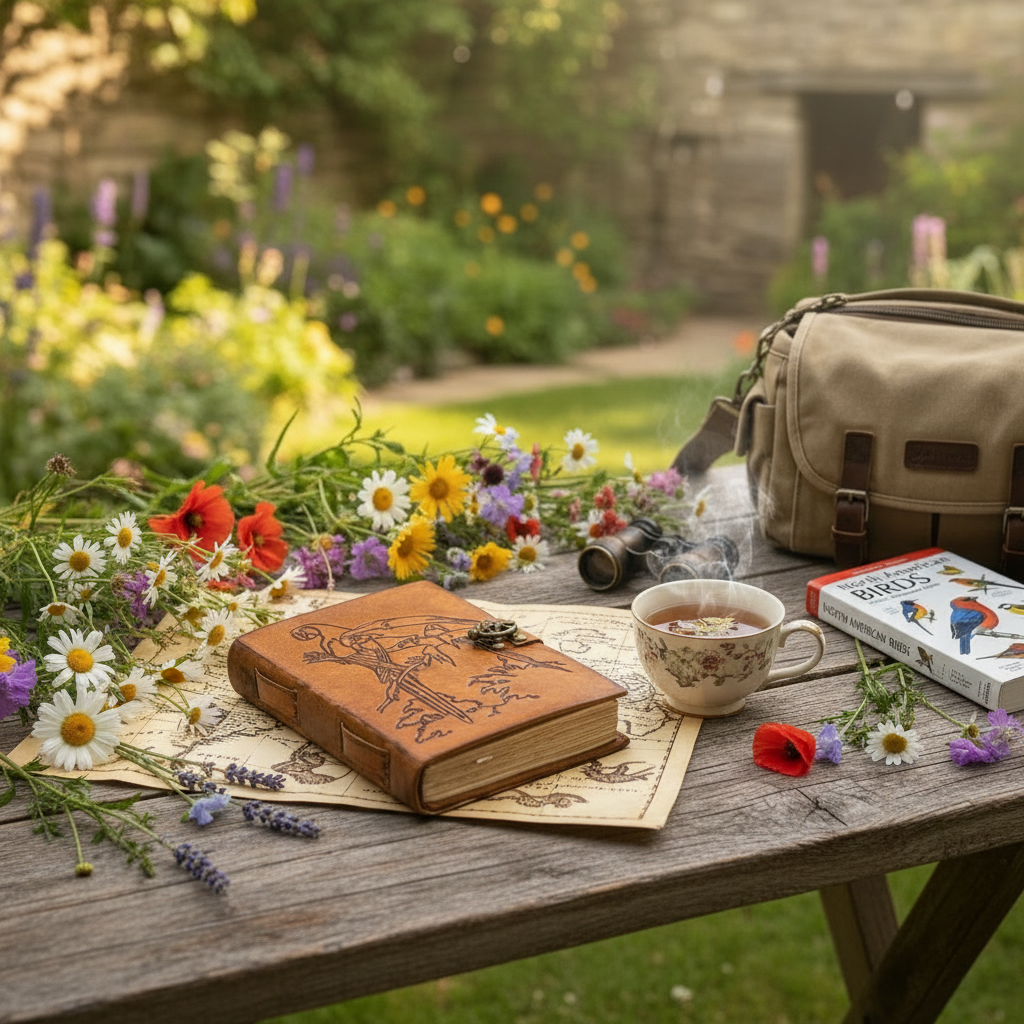 Brown leather journal lying on table with engraved bird scene and metal clasp