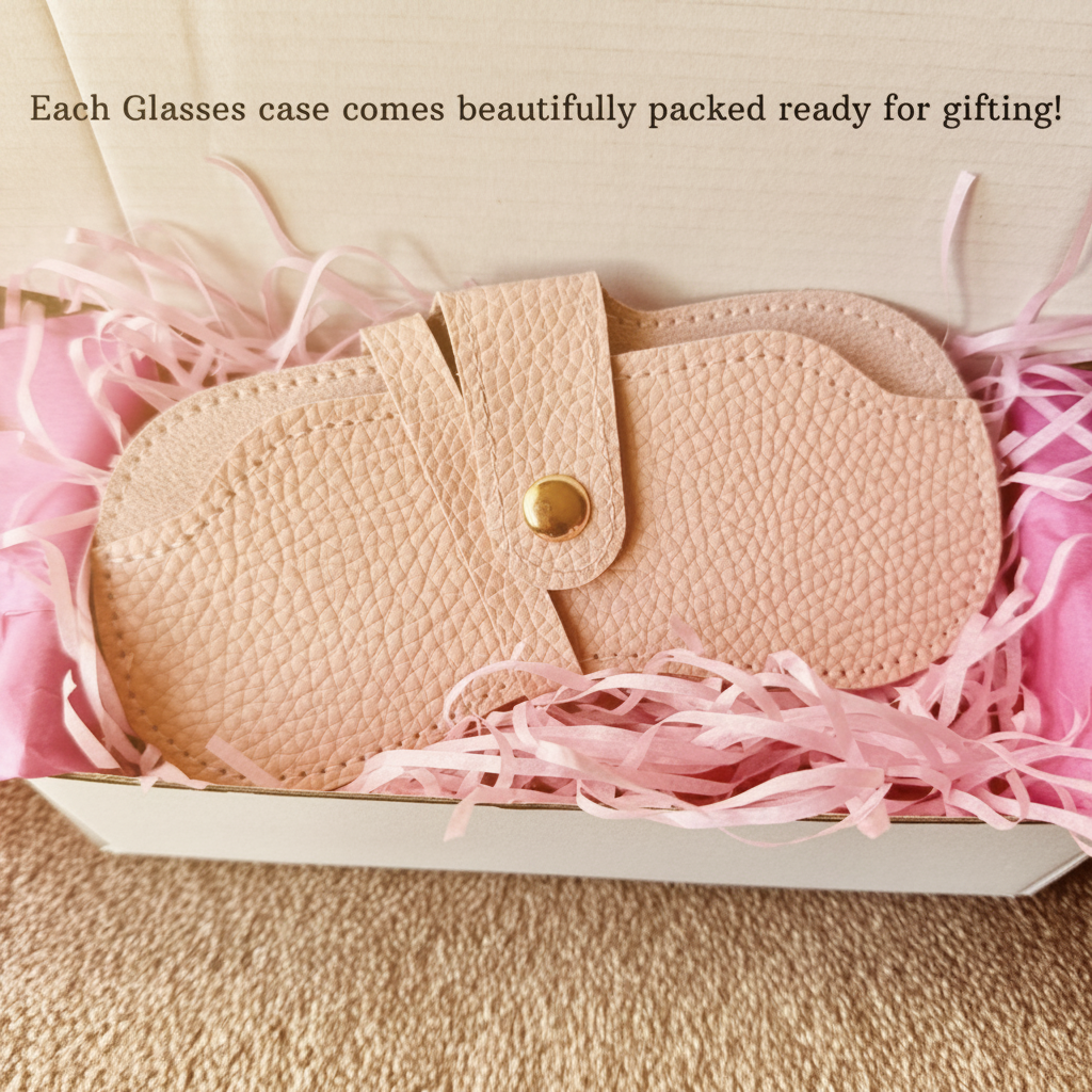 Beige Zelle leather glasses case with round metal snap presented in a gift box, personalised leather eyeglass case gift ready, handmade gift for her Australia