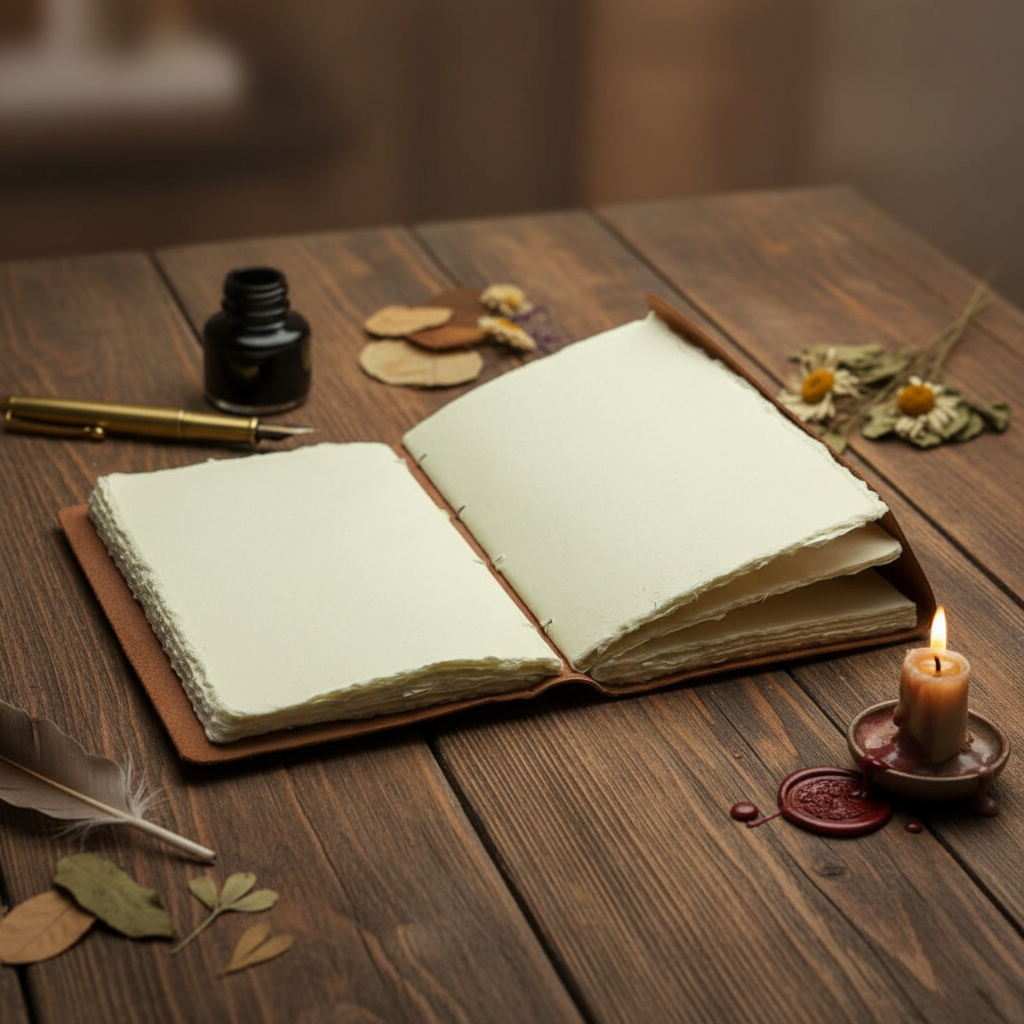 Brown leather journal opened to two pages with visible stitched binding