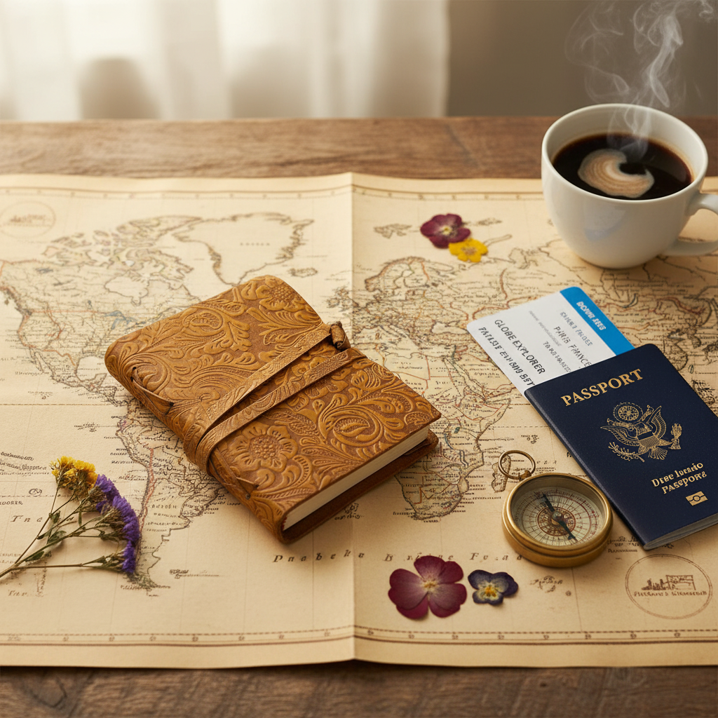 Embossed brown leather sketchbook with wrap tie, closed