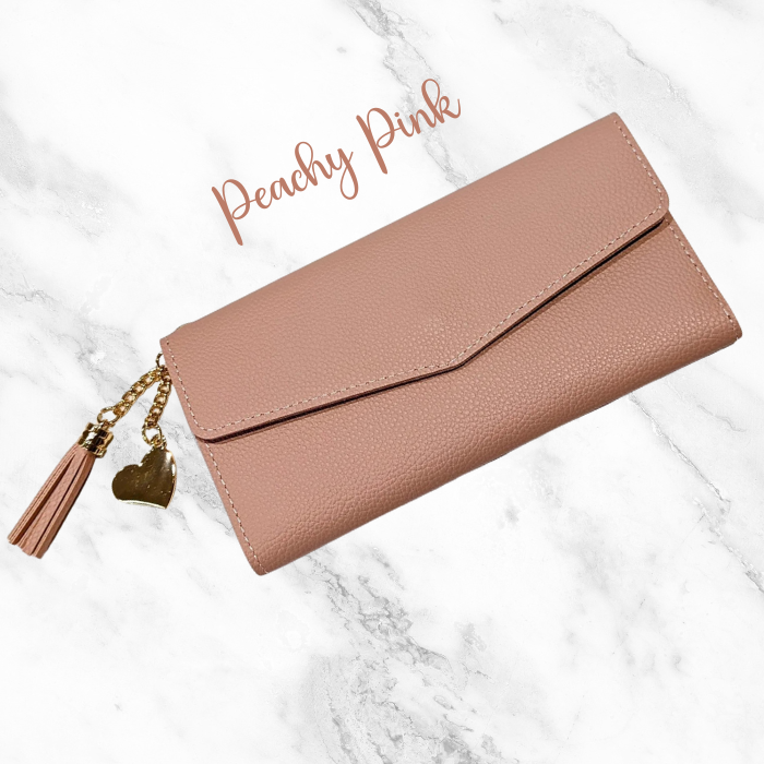 Peachy Pink Leather wallet women on white background