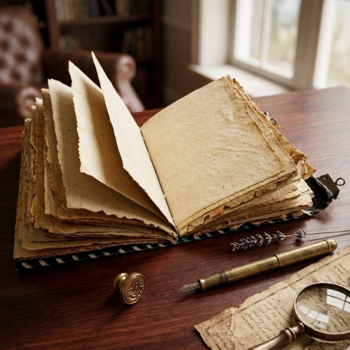 Handmade journal opened to blank pages with stitched spine and worn cover