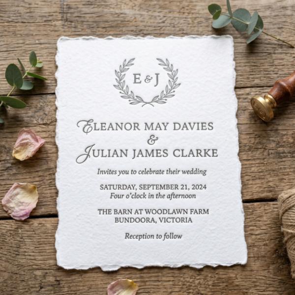 Letterpress printed wedding invitation on handmade white deckle edge cotton paper 300 GSM, with botanical monogram crest — bespoke wedding stationery Australia
