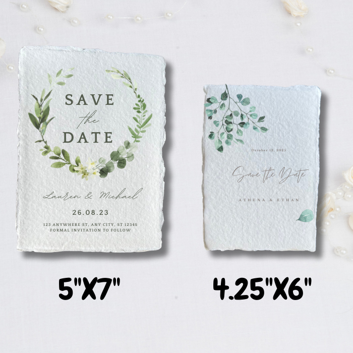 Blue floral save-the-date cards: 'Save the Date' and size labels 5x7, 4.25x6