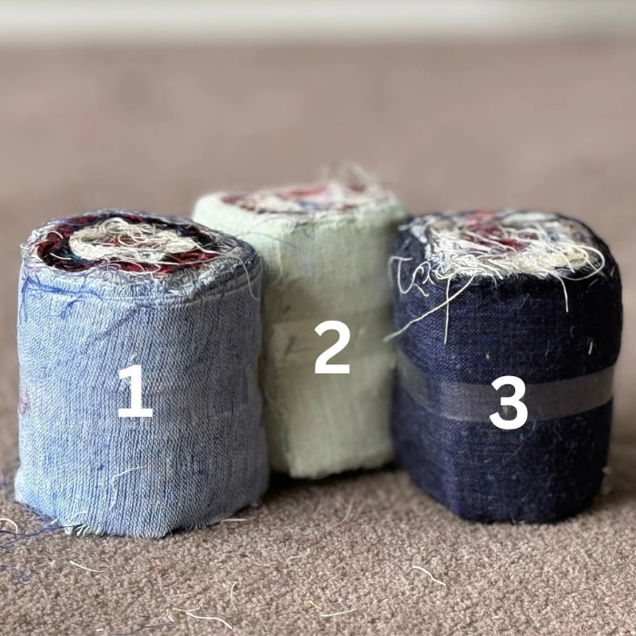 3 rolls of linen ribbon in light blue, dark blue and light green