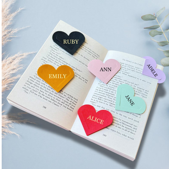 Personalised Love heart bookmark  in vibrant 6 colours Pink, Lilac, Red, Brown, Mint green and  Black