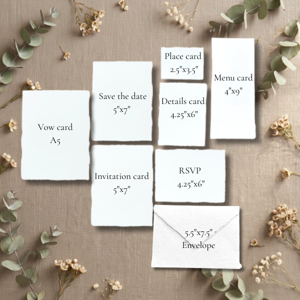Close-up of wedding stationery samples on 250 GSM handmade cotton rag paper with four-sided deckle edges — invitation, RSVP, save the date and place cards in soft white, textured finish, ideal for calligraphy, letterpress and fine art printing