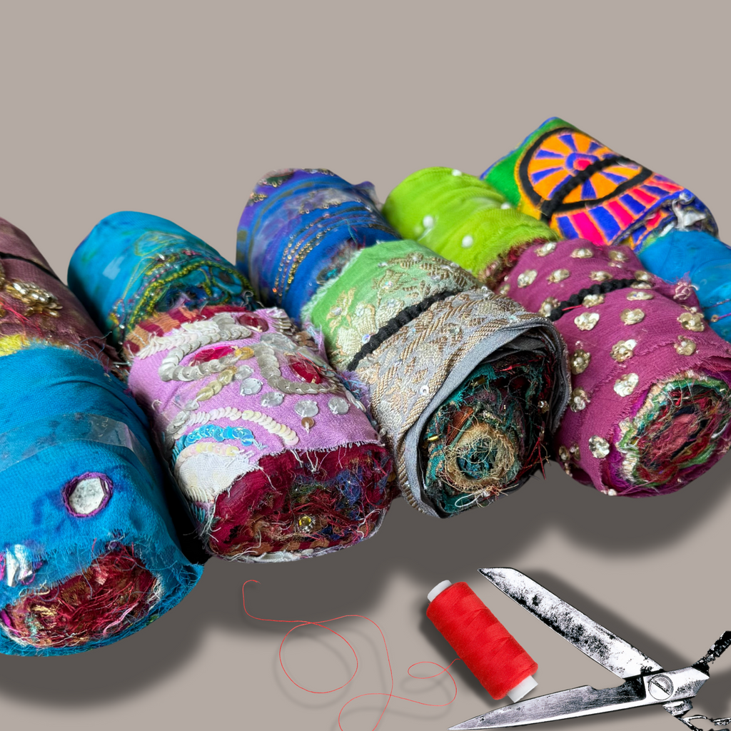 Lyvia Embroidered Sari Silk Ribbon on a grey background 