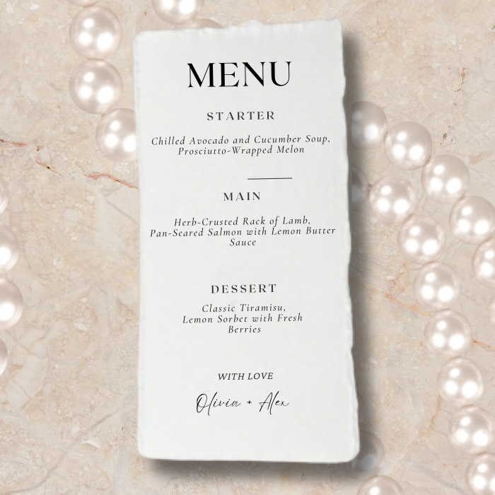 Menu cards for wedding on an asthetic backfround with pearls using 150 gsm handmade paper