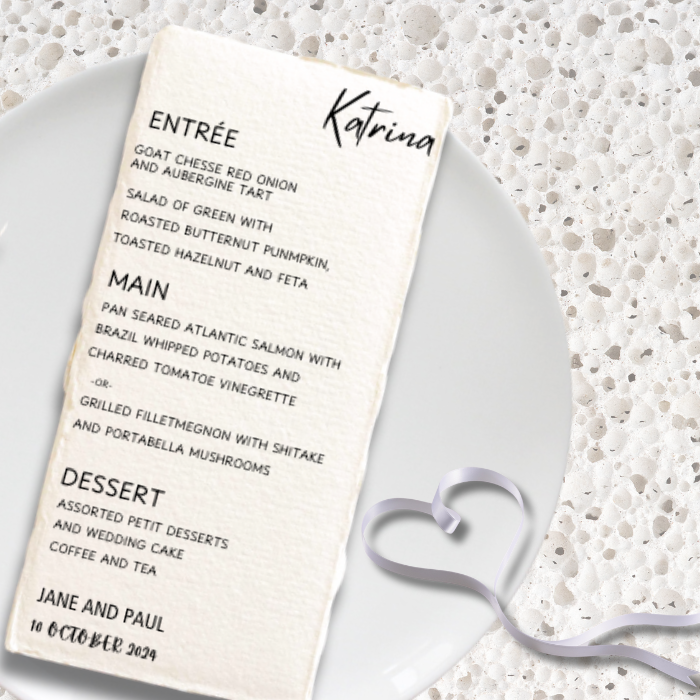 Menu cards wedding on a white stone background
