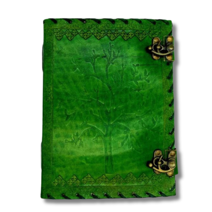 Milo Tree Of Life Leather Journal on white background with 2 brass locks