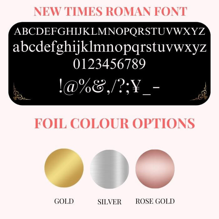 Font options for Personalisation for Brown leather diary in gold, silver and rose gold