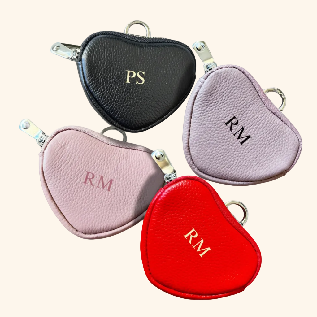 Heart coin purses in black, blush pink, lavender purple with metal keyring clips