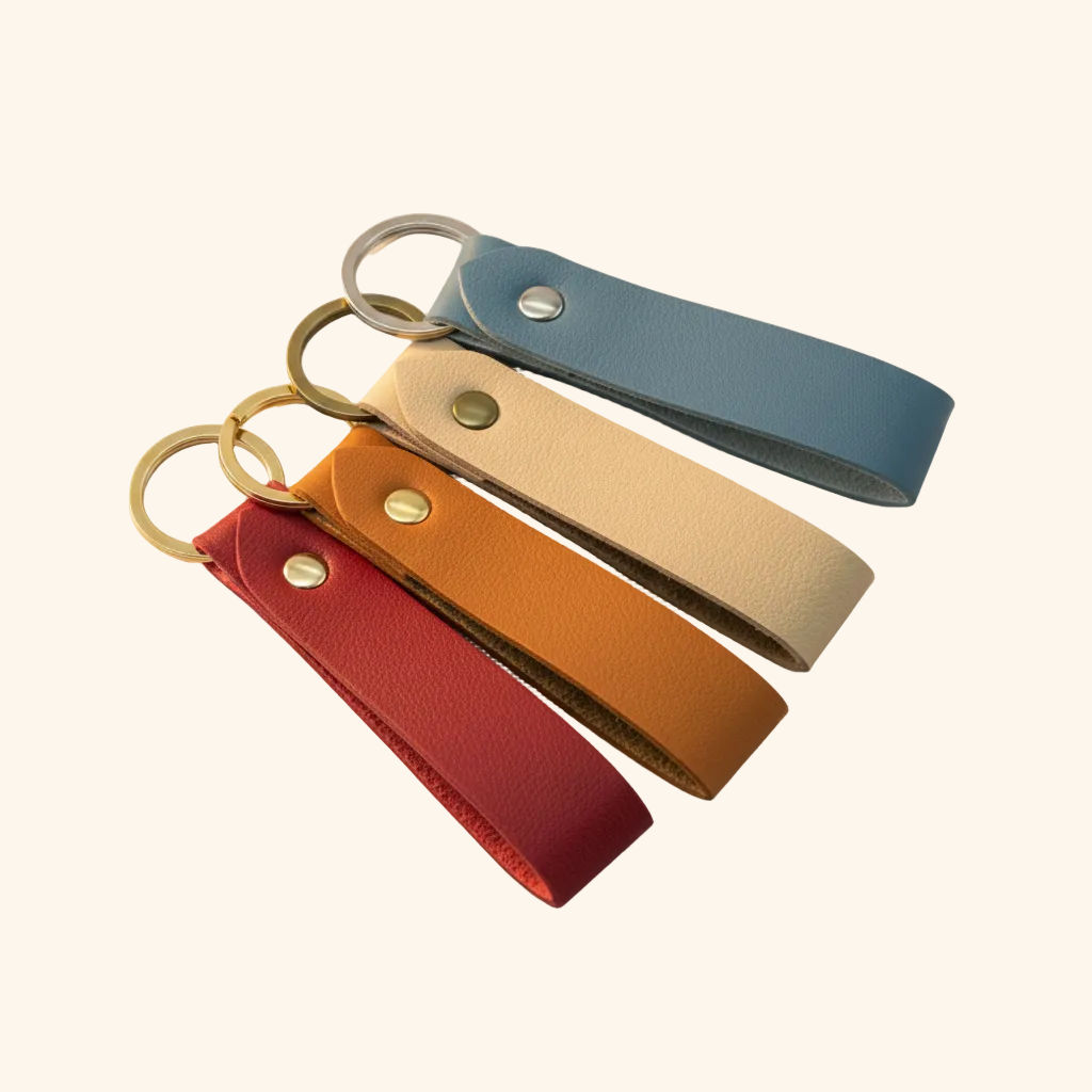 Set of colorful leather keychains on a wooden surface with flowers and bowls.