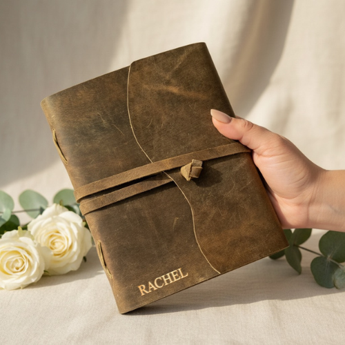 Brown leather notebook with 'RACHEL' embossed held by a hand, with white roses and green leaves in the background.
