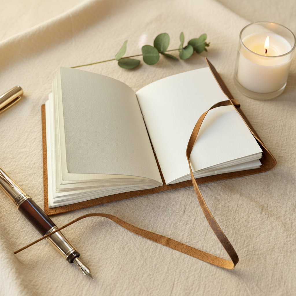 Open leather notebook with a pen, candle, and eucalyptus branch on a textured surface