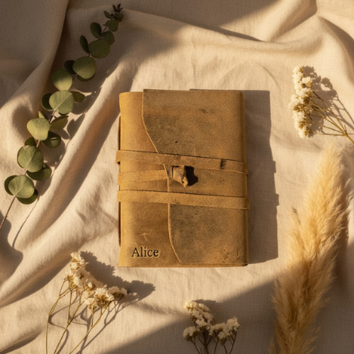 Handmade leather journal personalised with embossed name Alice, styled on cream linen with eucalyptus and dried wildflowers – personalised leather journal Australia, gift for her