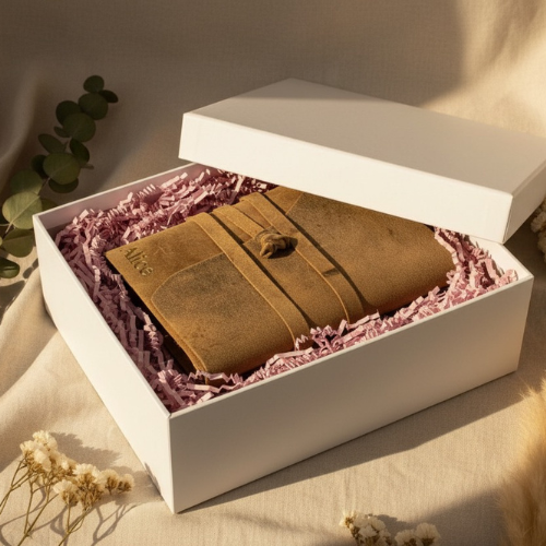 Personalised leather journal with embossed name Alice nestled in a white gift box with pink shredded paper and eucalyptus – gift-ready leather journal Australia, anniversary gift or graduation gift for her