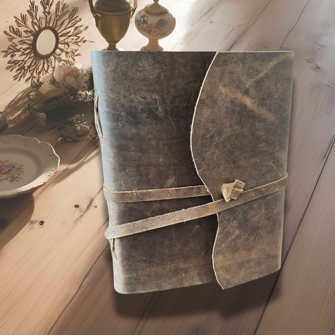 Personalised leather journal handcrafted and standing on wooden table with asthetic show pieces behind.