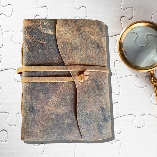 Personalised leather notebook on a white puzzle background with a magnifying glass on the side