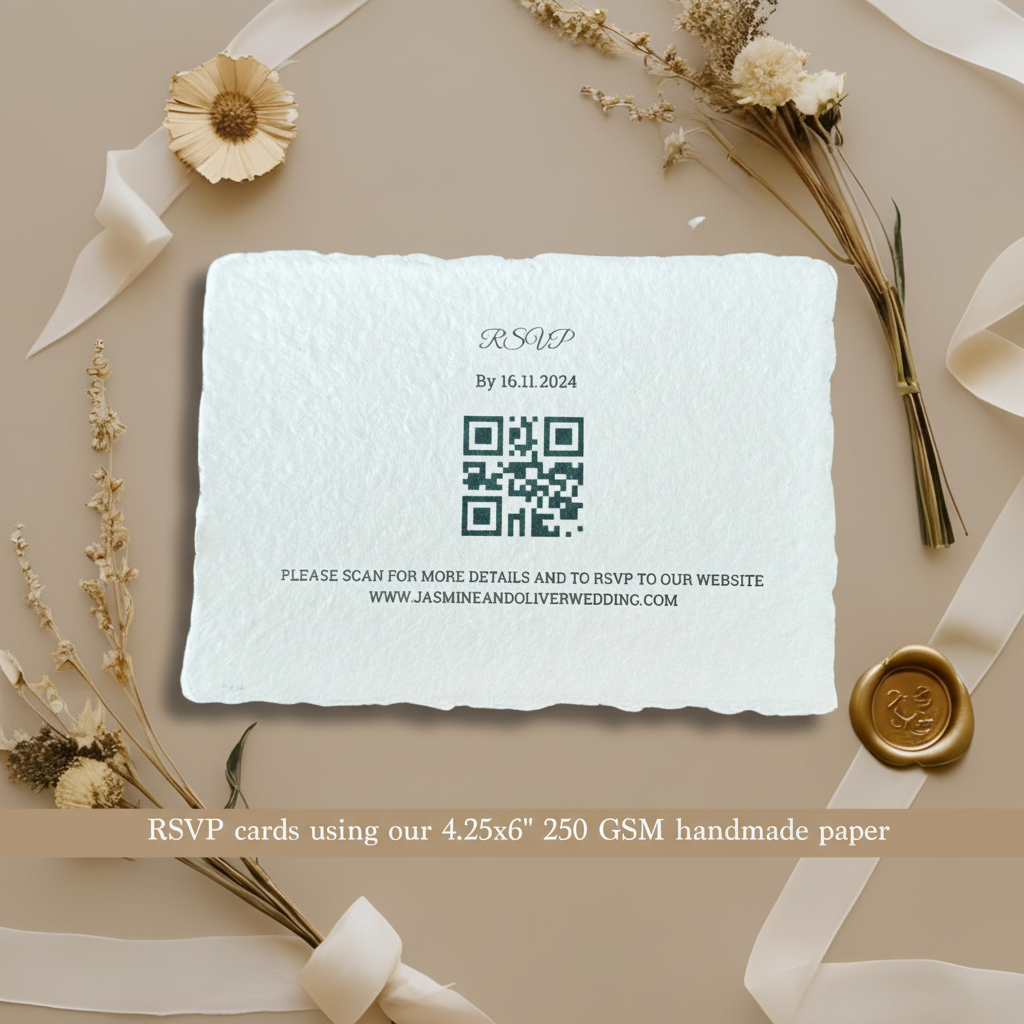 Wedding RSVP card printed on white 250 GSM handmade cotton rag paper with natural deckle edges, styled with dried flowers and gold wax seal on taupe background