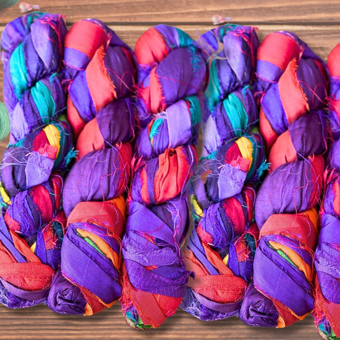 Rolls of Recycled Silk Sari Ribbons in multicolour

