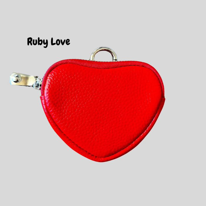 Ruby red heart coin purse with metal keyring clip and smooth pebbled texture