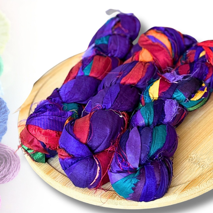 3 rolls of Recycled Silk Sari Ribbons Multi Mix Jewel tones
