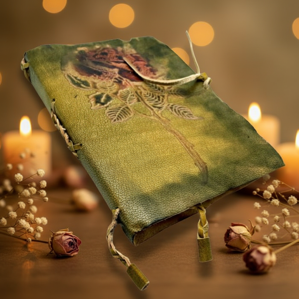 Green Valentine journal with illustrated cover, cord strap, and small charm