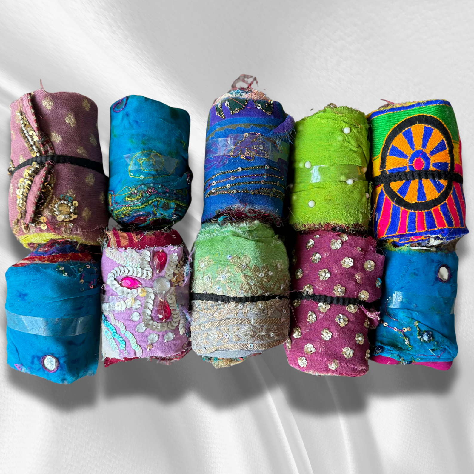 Assorted Saree ribbon on a white background